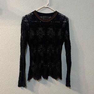 INC International Concepts Black Sheer Lace Blouse with Brown Trim